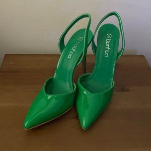 BOOHOO Green Patent Leather Slingback Stilettos